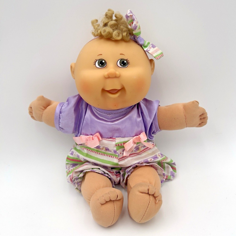Cabbage Patch Kids Girl Doll 16" Purple Dress Blonde Hair Pink Bows Soft Body